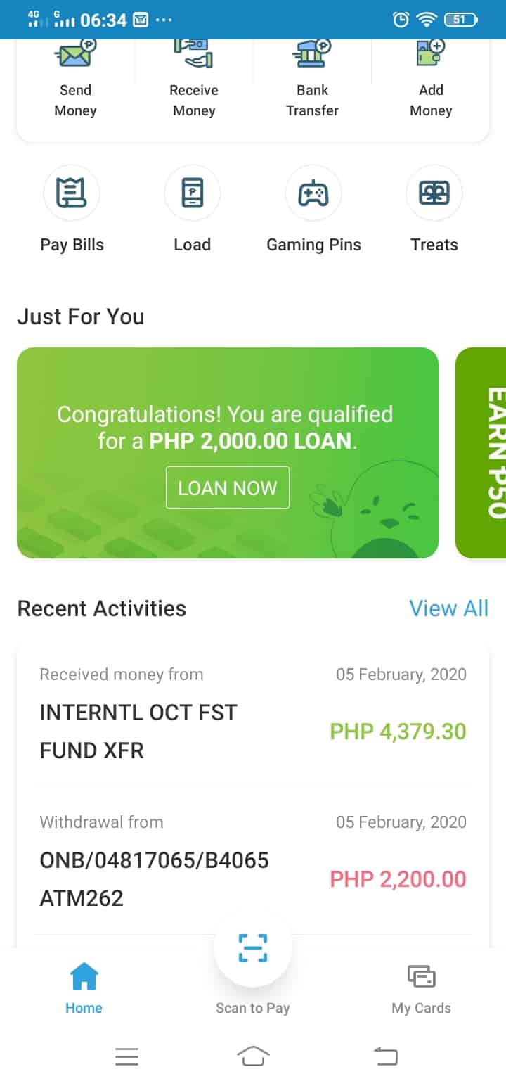 A screenshot from the PayMaya app. Qualified users will see a banner of the PayMaya loans or CashniJuan Payday Loan offer.