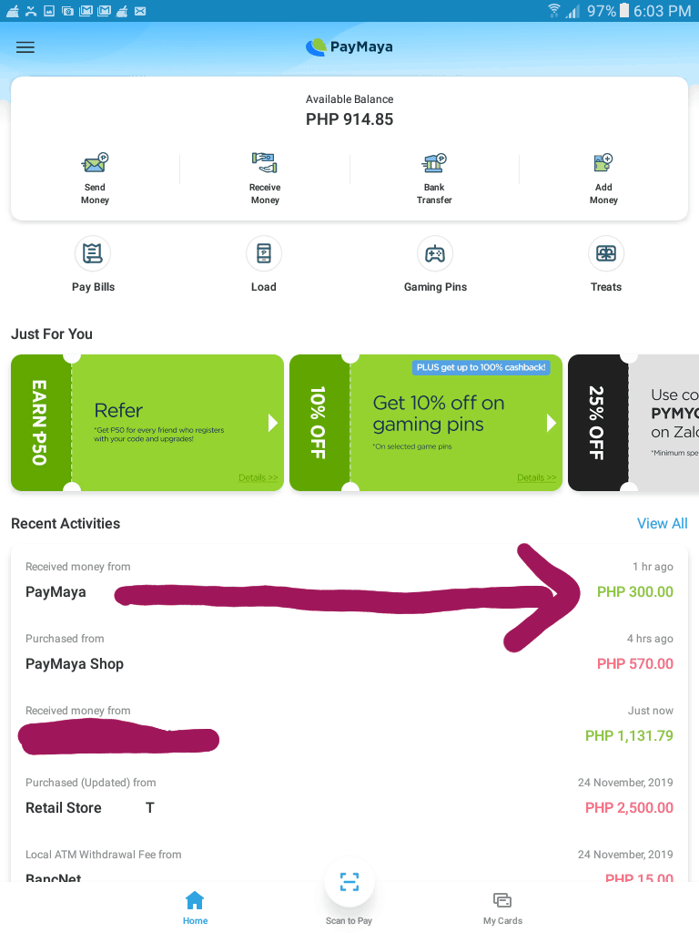 The cashback I received from PayMaya by paying my bills using the app.